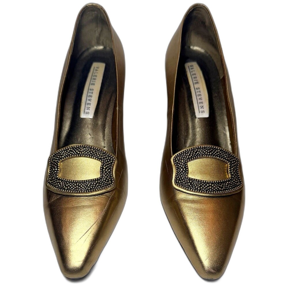 Valerie Stevens Avery Gold Leather Pointed Toe Pumps Beaded Trim 7M